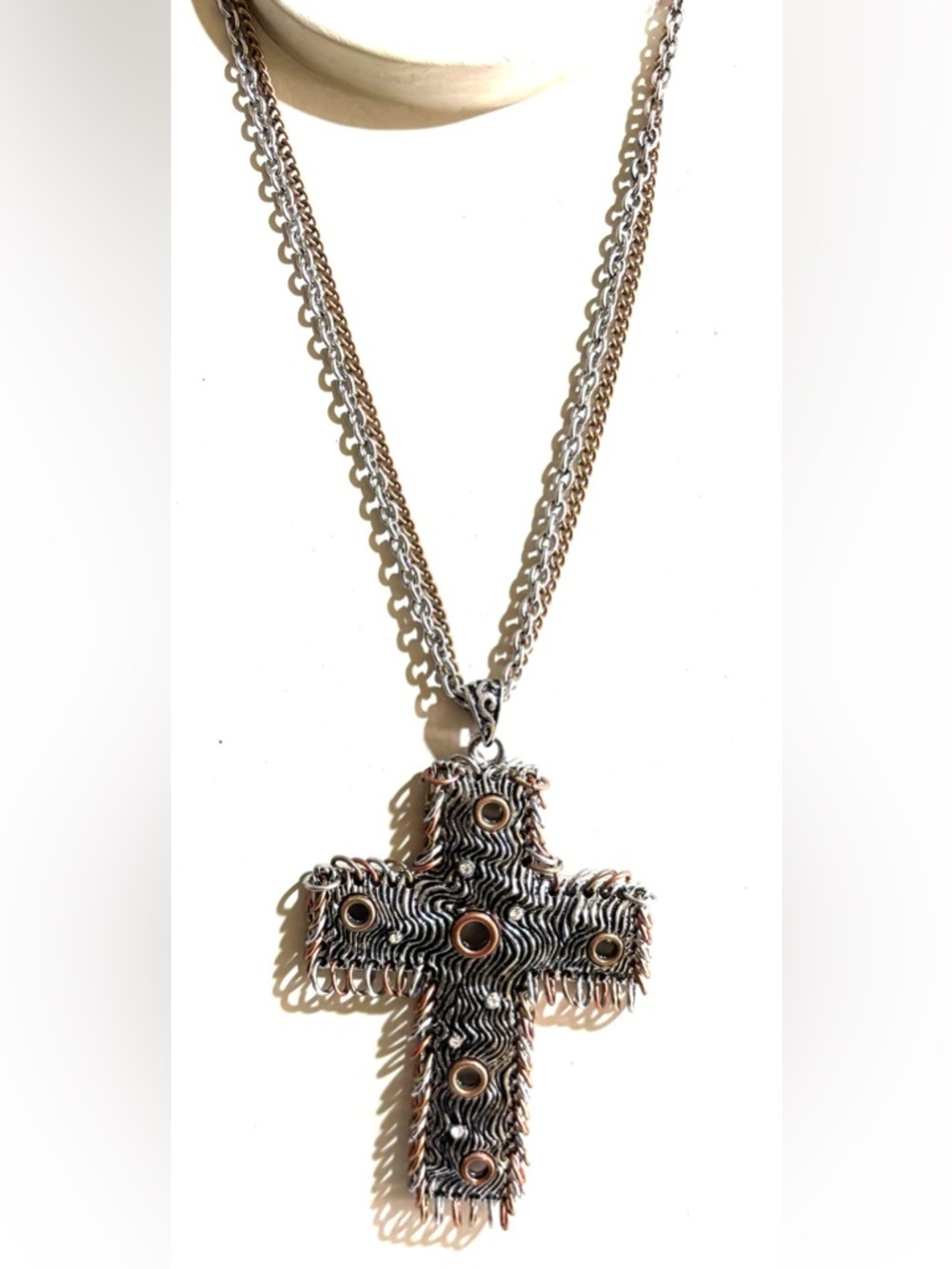 Silver-Tone Cross Pendant Necklace with Copper Accents